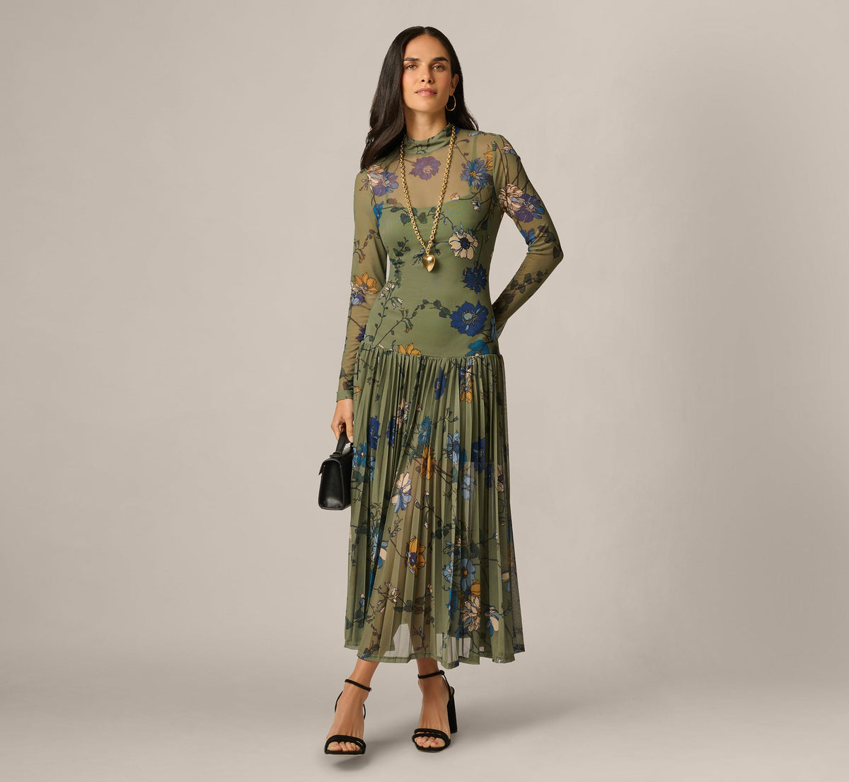 Long Sleeve Floral Stretch Mesh Drop Waist Ankle Length Dress - Olive Multi | Adrianna Papell