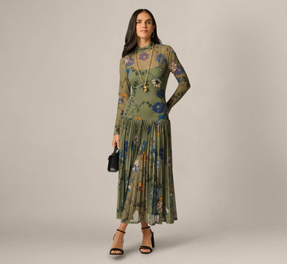 Long Sleeve Floral Stretch Mesh Drop Waist Ankle Length Dress - Olive Multi | Adrianna Papell