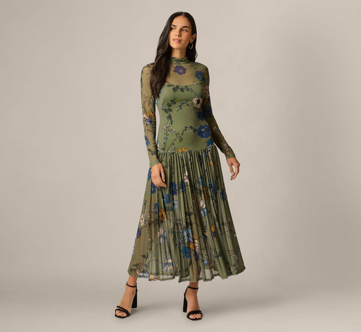 Long Sleeve Floral Stretch Mesh Drop Waist Ankle Length Dress - Olive Multi | Adrianna Papell