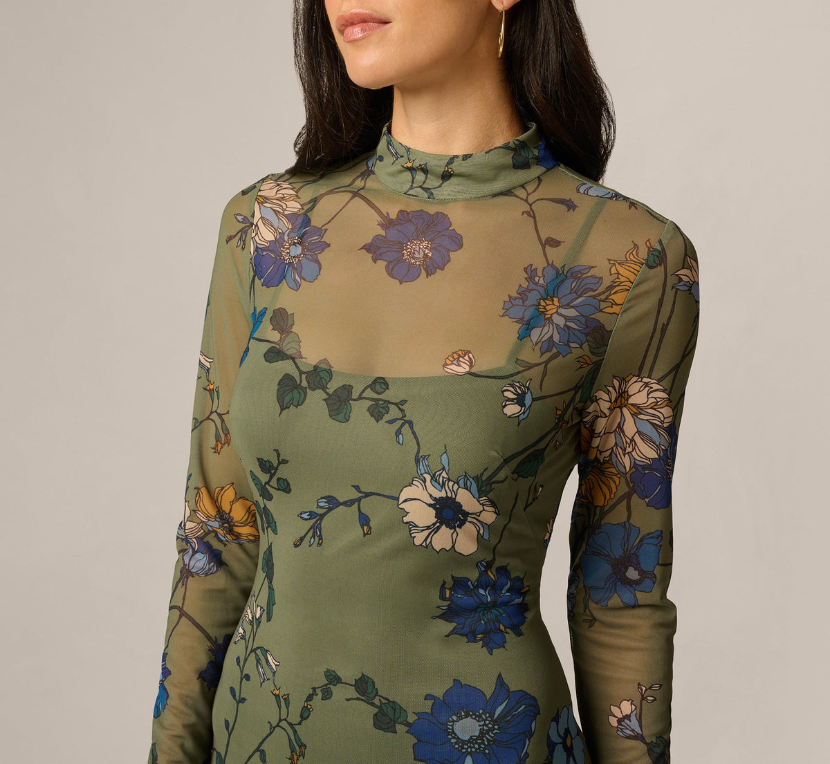 Long Sleeve Floral Stretch Mesh Drop Waist Ankle Length Dress - Olive Multi | Adrianna Papell
