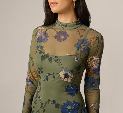 Long Sleeve Floral Stretch Mesh Drop Waist Ankle Length Dress - Olive Multi | Adrianna Papell