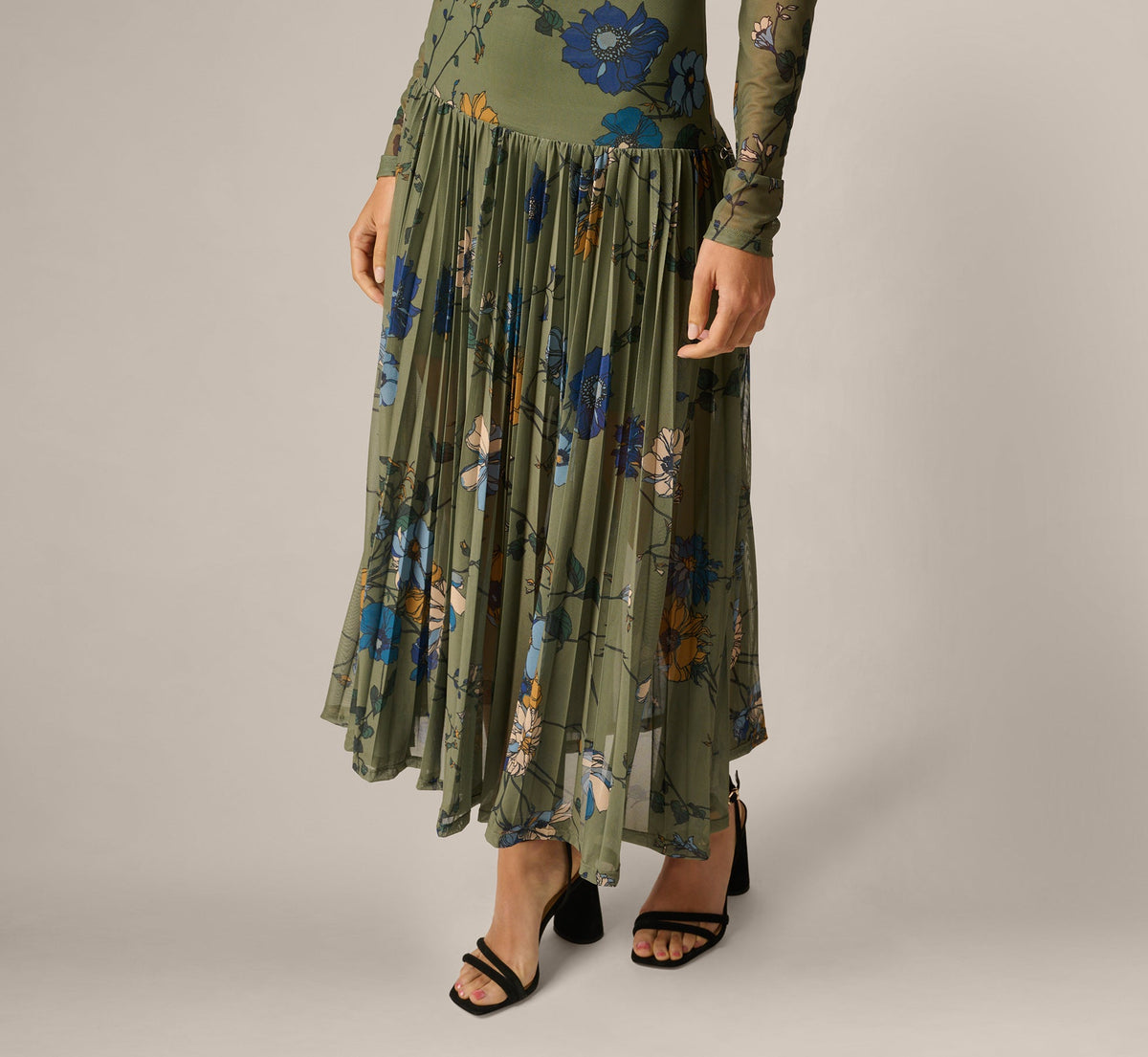 Long Sleeve Floral Stretch Mesh Drop Waist Ankle Length Dress - Olive Multi | Adrianna Papell