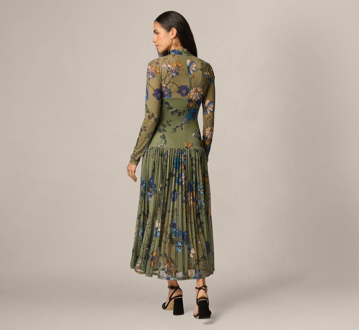 Long Sleeve Floral Stretch Mesh Drop Waist Ankle Length Dress - Olive Multi | Adrianna Papell