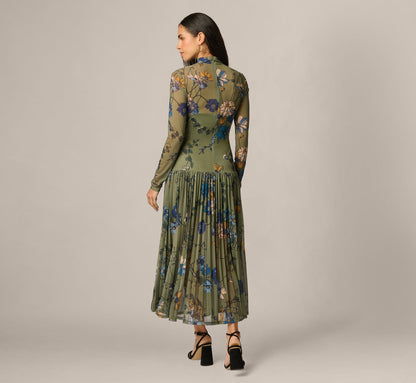 Long Sleeve Floral Stretch Mesh Drop Waist Ankle Length Dress - Olive Multi | Adrianna Papell