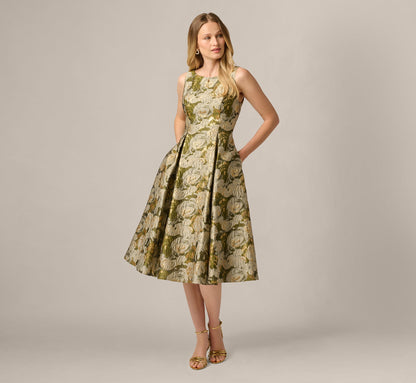 Floral Jacquard Fit And Flare Tea Length Dress - Olive Multi | Adrianna Papell