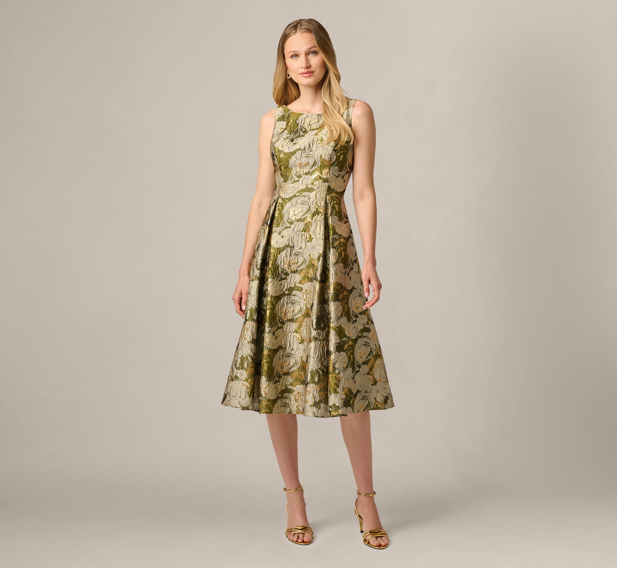 Floral Jacquard Fit And Flare Tea Length Dress - Olive Multi | Adrianna Papell