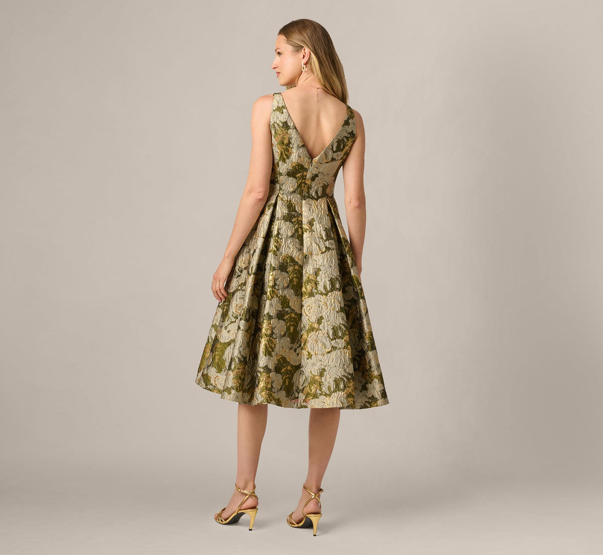 Floral Jacquard Fit And Flare Tea Length Dress - Olive Multi | Adrianna Papell