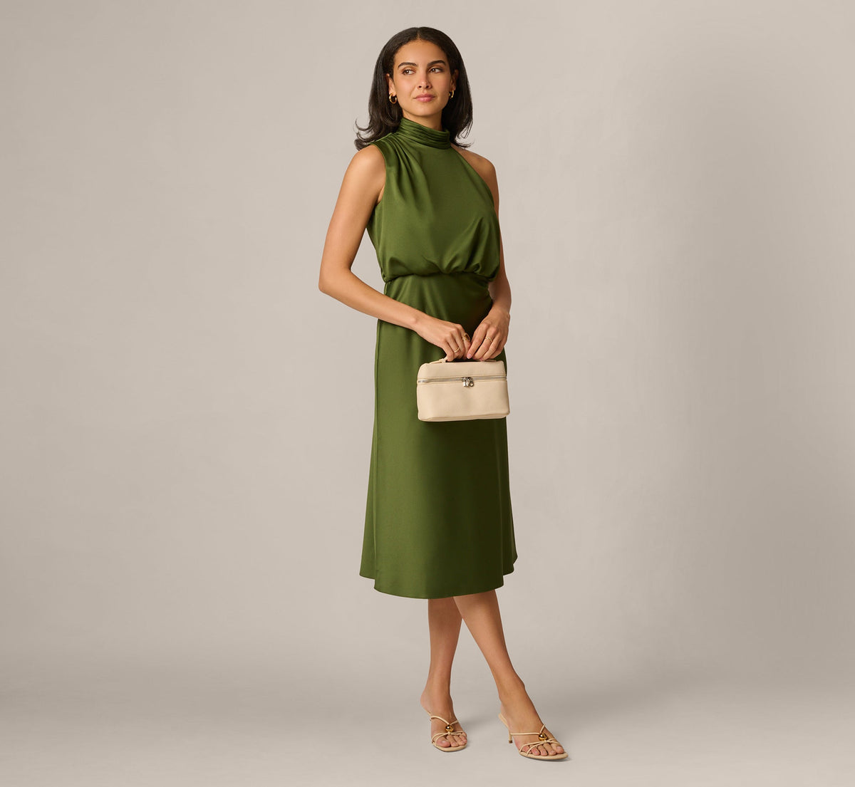 Satin Blouson Halter Midi Dress - Olive Cypress | Adrianna Papell