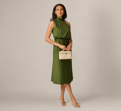 Satin Blouson Halter Midi Dress - Olive Cypress | Adrianna Papell