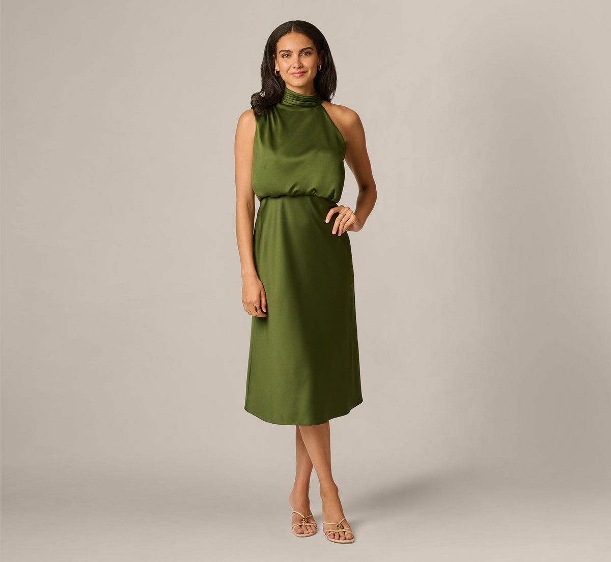 Satin Blouson Halter Midi Dress - Olive Cypress | Adrianna Papell