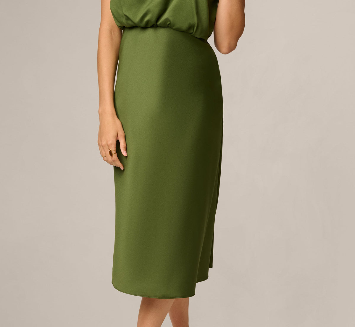 Satin Blouson Halter Midi Dress - Olive Cypress | Adrianna Papell