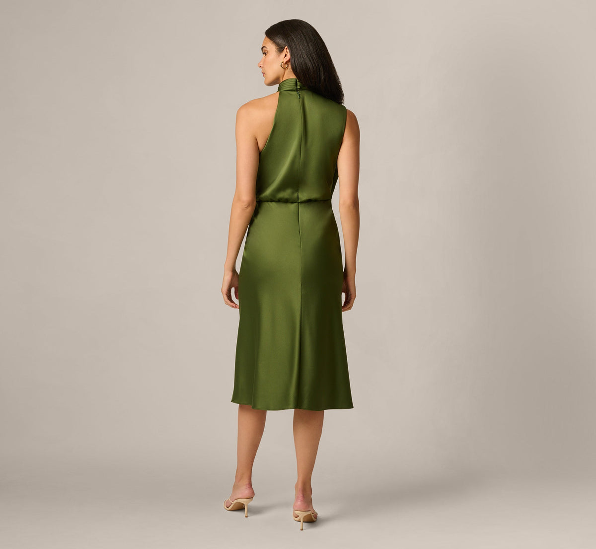 Satin Blouson Halter Midi Dress - Olive Cypress | Adrianna Papell