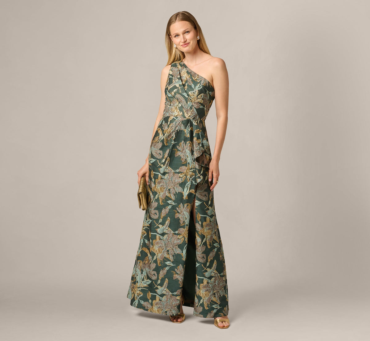 One Shoulder Jacquard Dress - Green Gold | Adrianna Papell
