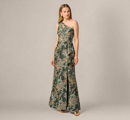 One Shoulder Jacquard Dress - Green Gold | Adrianna Papell