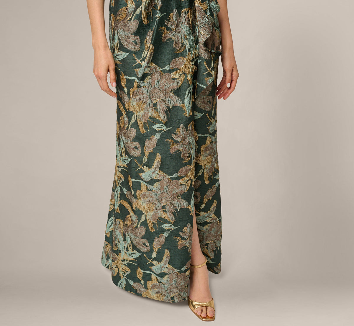 One Shoulder Jacquard Dress - Green Gold | Adrianna Papell