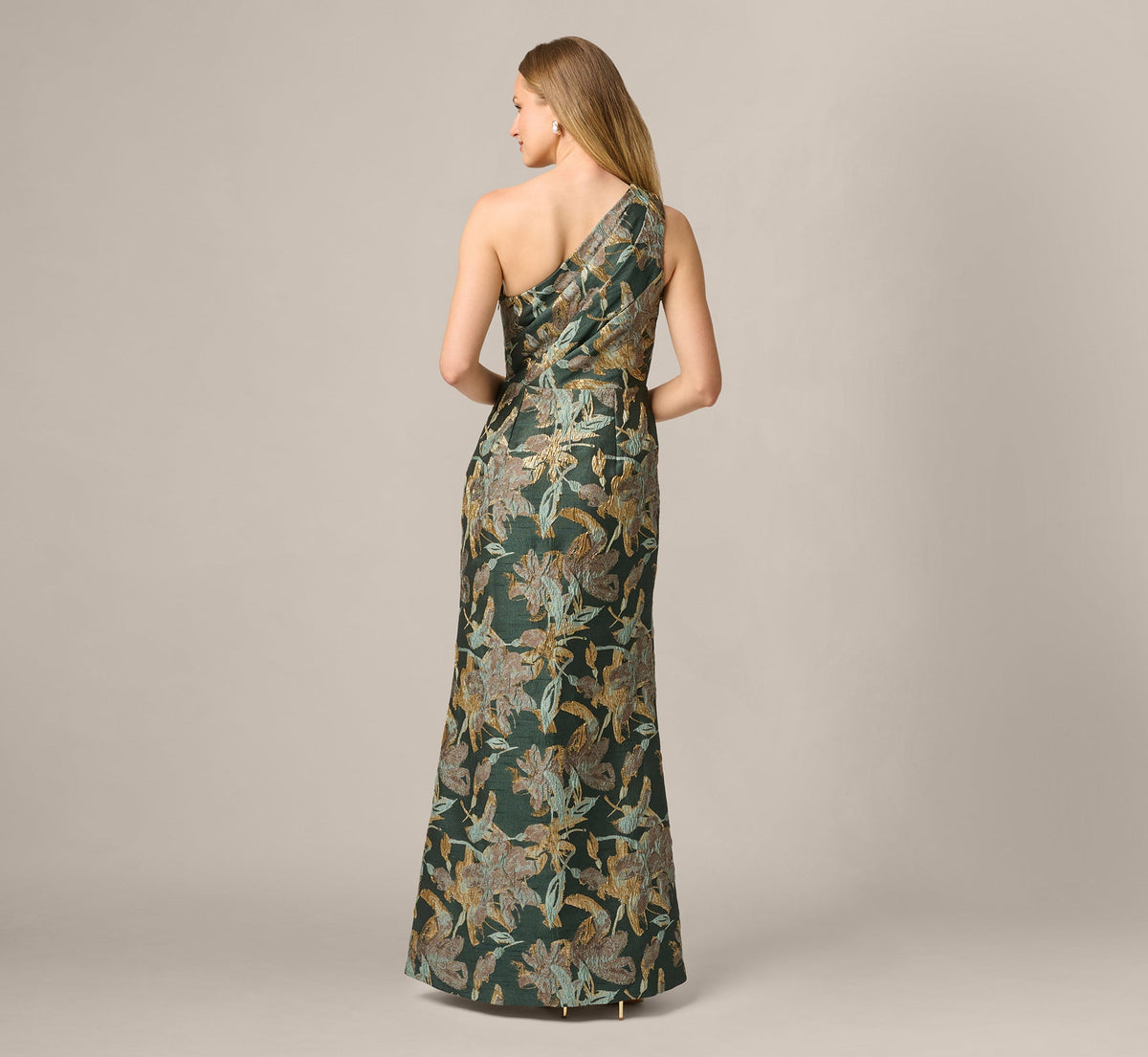 One Shoulder Jacquard Dress - Green Gold | Adrianna Papell