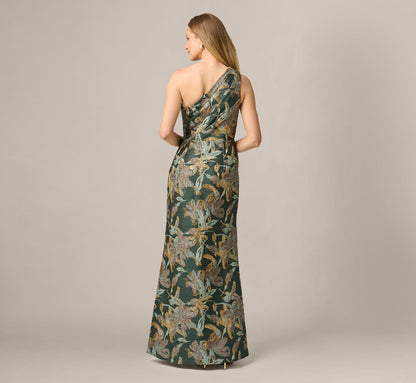 One Shoulder Jacquard Dress - Green Gold | Adrianna Papell