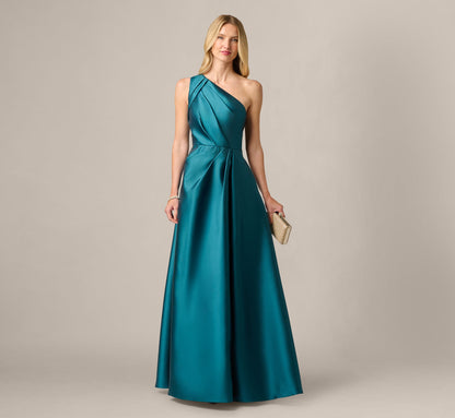 One Shoulder Mikado Asymmetrical Pleated Ballgown - Hunter | Adrianna Papell
