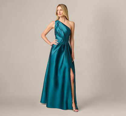 One Shoulder Mikado Asymmetrical Pleated Ballgown - Hunter | Adrianna Papell