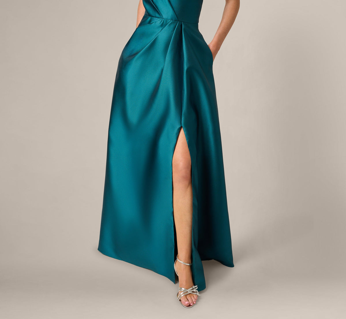 One Shoulder Mikado Asymmetrical Pleated Ballgown - Hunter | Adrianna Papell