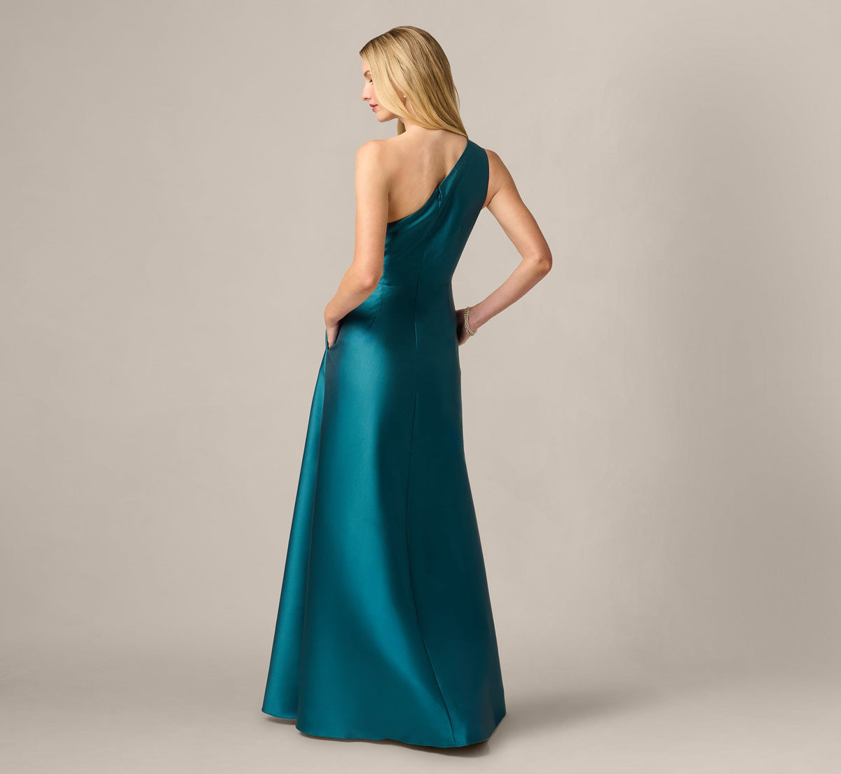 One Shoulder Mikado Asymmetrical Pleated Ballgown - Hunter | Adrianna Papell