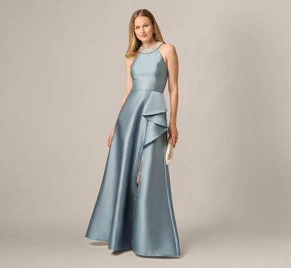 Beaded Halter Draped Mikado Gown - Icy Opaline | Adrianna Papell