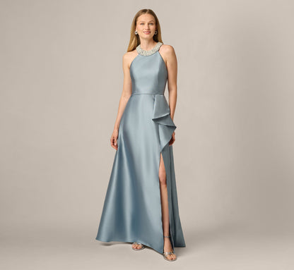 Beaded Halter Draped Mikado Gown - Icy Opaline | Adrianna Papell