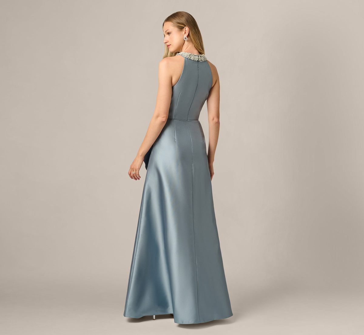 Beaded Halter Draped Mikado Gown - Icy Opaline | Adrianna Papell