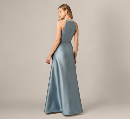 Beaded Halter Draped Mikado Gown - Icy Opaline | Adrianna Papell