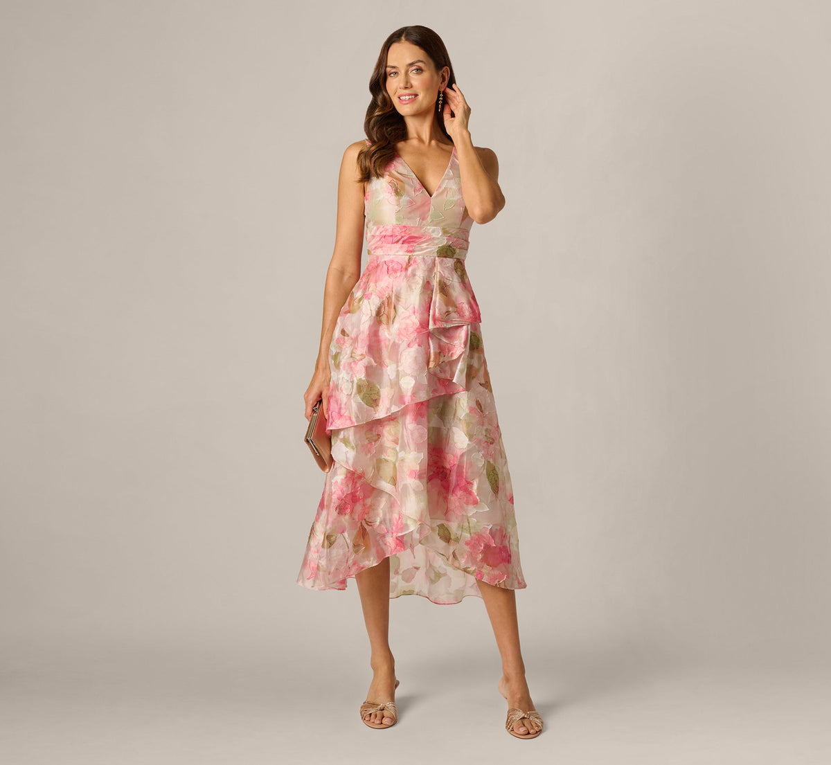 Floral Organza Cascade High Low Midi Dress - Sage Multi | Adrianna Papell