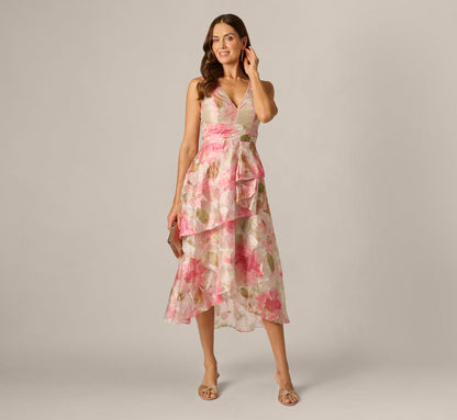 Floral Organza Cascade High Low Midi Dress - Sage Multi | Adrianna Papell
