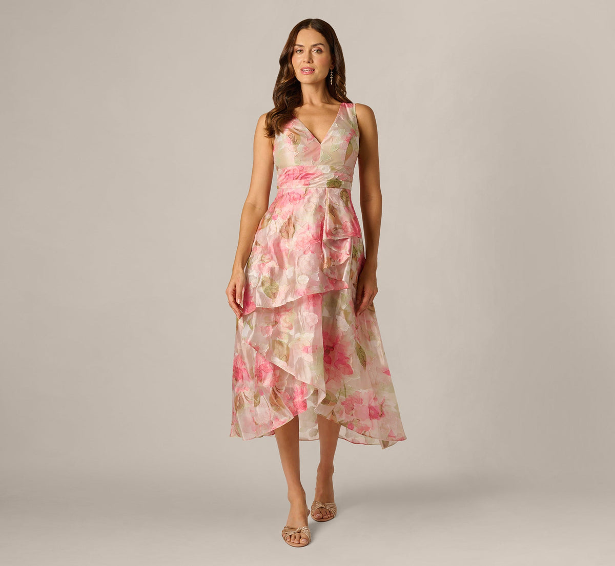 Floral Organza Cascade High Low Midi Dress - Sage Multi | Adrianna Papell