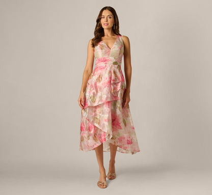 Floral Organza Cascade High Low Midi Dress - Sage Multi | Adrianna Papell