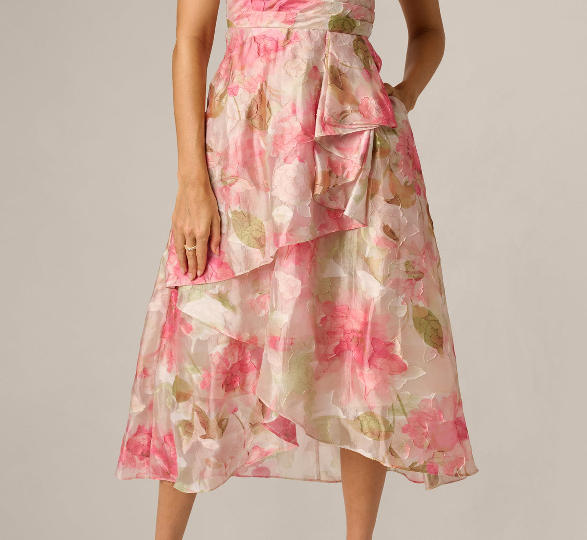 Floral Organza Cascade High Low Midi Dress - Sage Multi | Adrianna Papell