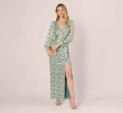 Long Sleeve Metallic Crinkle Drape Gown - Mint Gold | Adrianna Papell