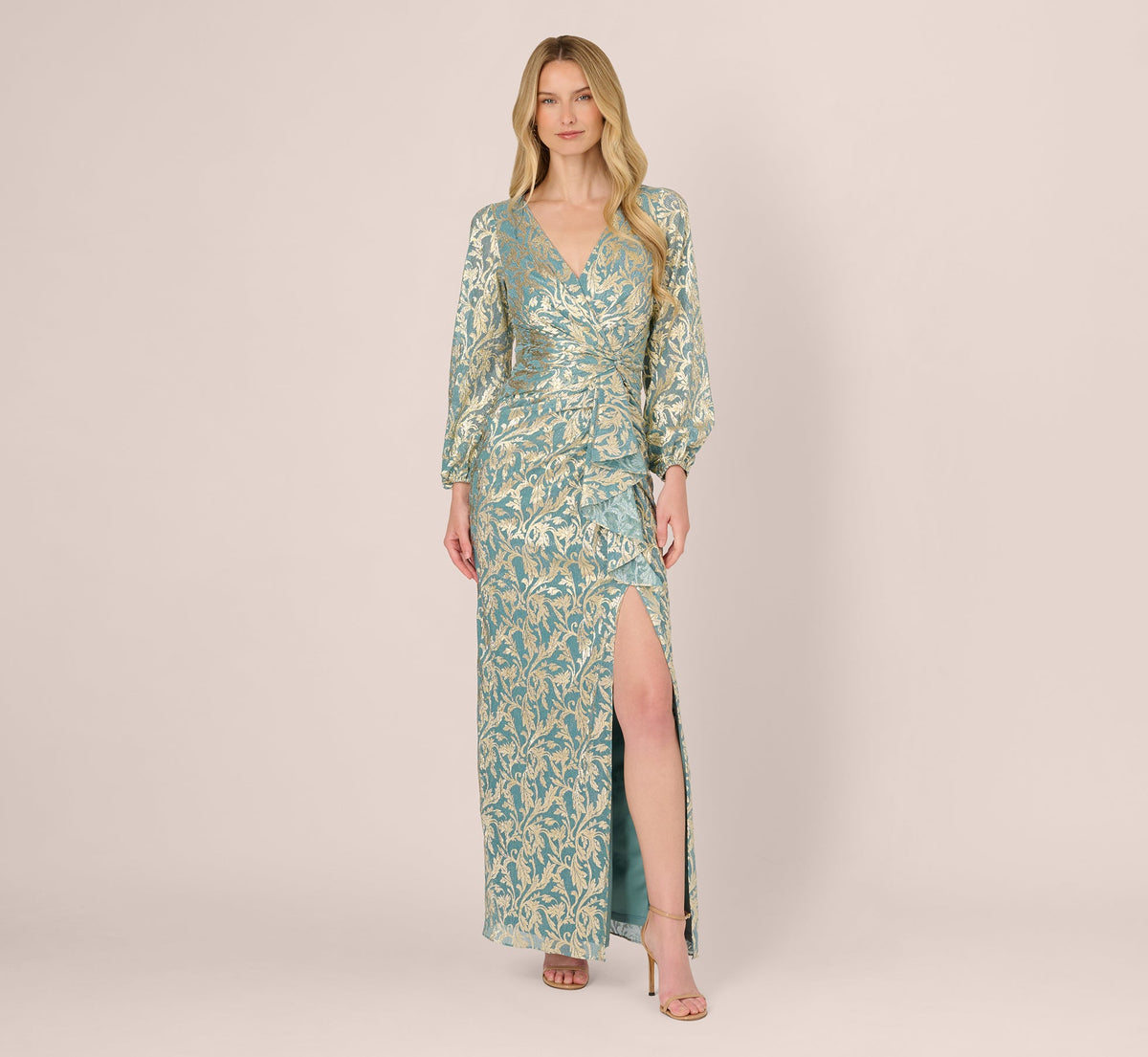 Long Sleeve Metallic Crinkle Drape Gown - Mint Gold | Adrianna Papell