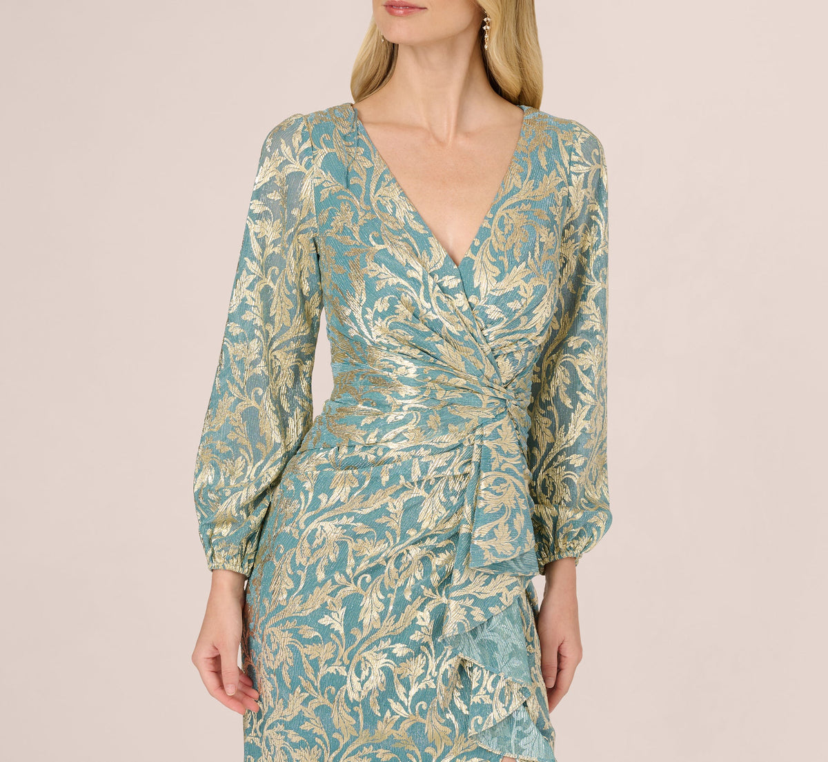 Long Sleeve Metallic Crinkle Drape Gown - Mint Gold | Adrianna Papell