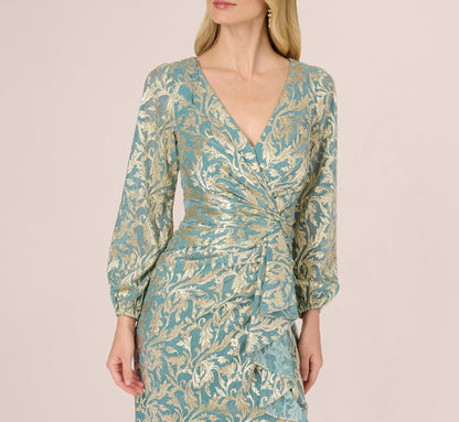 Long Sleeve Metallic Crinkle Drape Gown - Mint Gold | Adrianna Papell