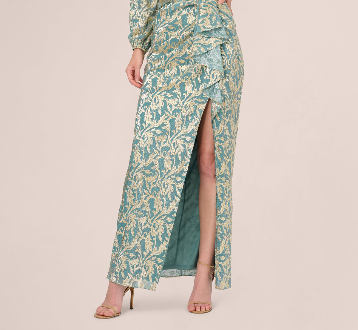 Long Sleeve Metallic Crinkle Drape Gown - Mint Gold | Adrianna Papell