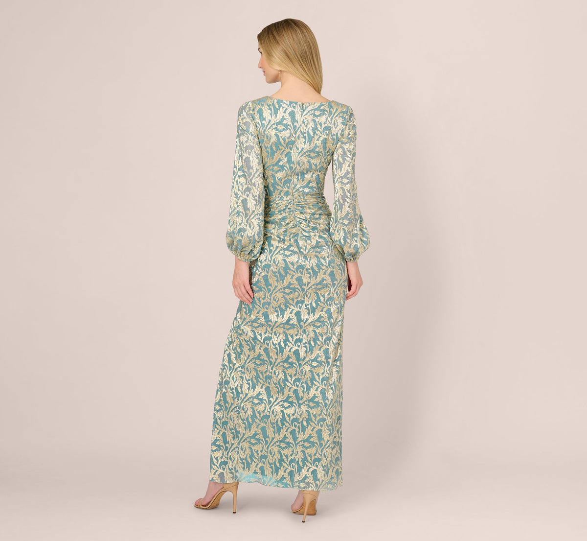 Long Sleeve Metallic Crinkle Drape Gown - Mint Gold | Adrianna Papell