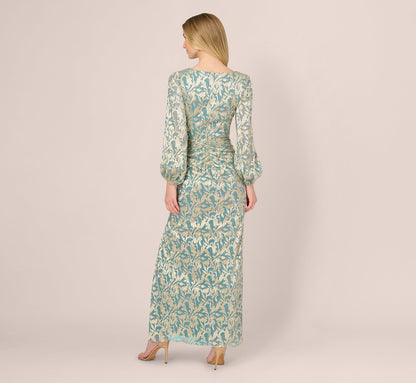 Long Sleeve Metallic Crinkle Drape Gown - Mint Gold | Adrianna Papell