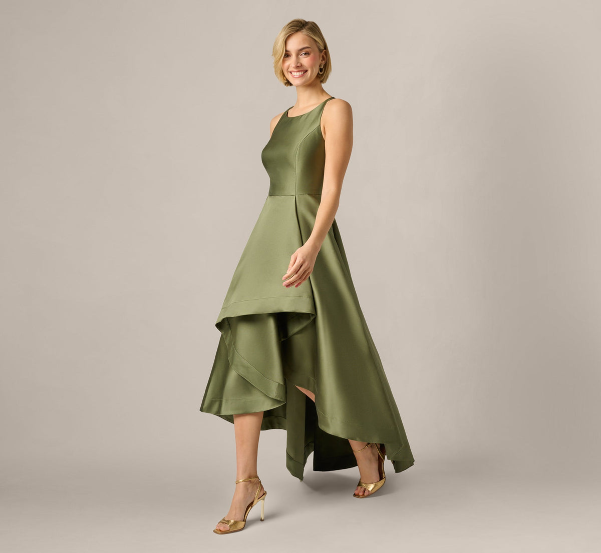High Low Mikado Gown With Asymmetrical Detail - Jungle Olive | Adrianna Papell