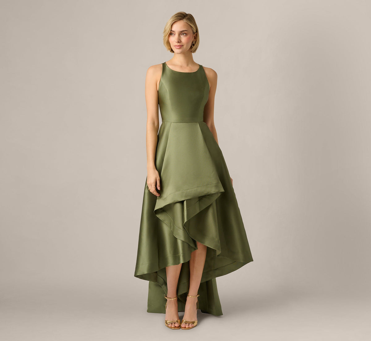 High Low Mikado Gown With Asymmetrical Detail - Jungle Olive | Adrianna Papell