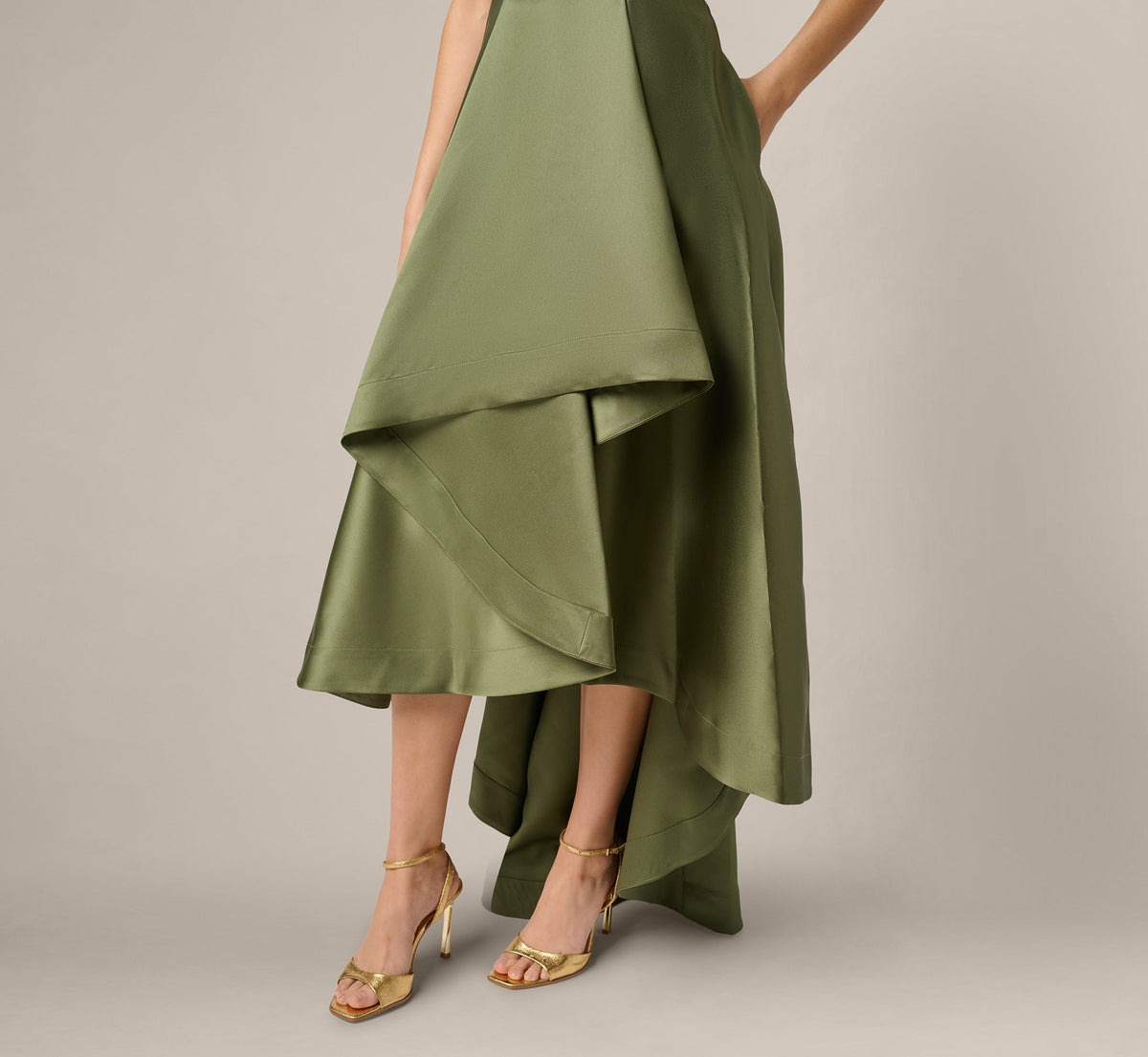 High Low Mikado Gown With Asymmetrical Detail - Jungle Olive | Adrianna Papell