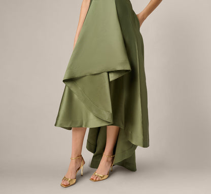 High Low Mikado Gown With Asymmetrical Detail - Jungle Olive | Adrianna Papell