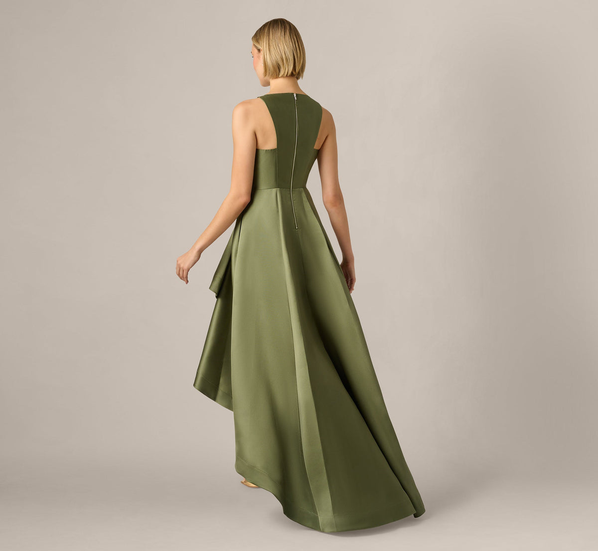 High Low Mikado Gown With Asymmetrical Detail - Jungle Olive | Adrianna Papell