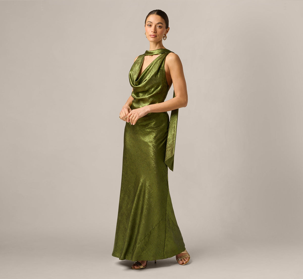 Foil Chiffon Cowled Scarf Halter Gown - Dark Olive | Adrianna Papell