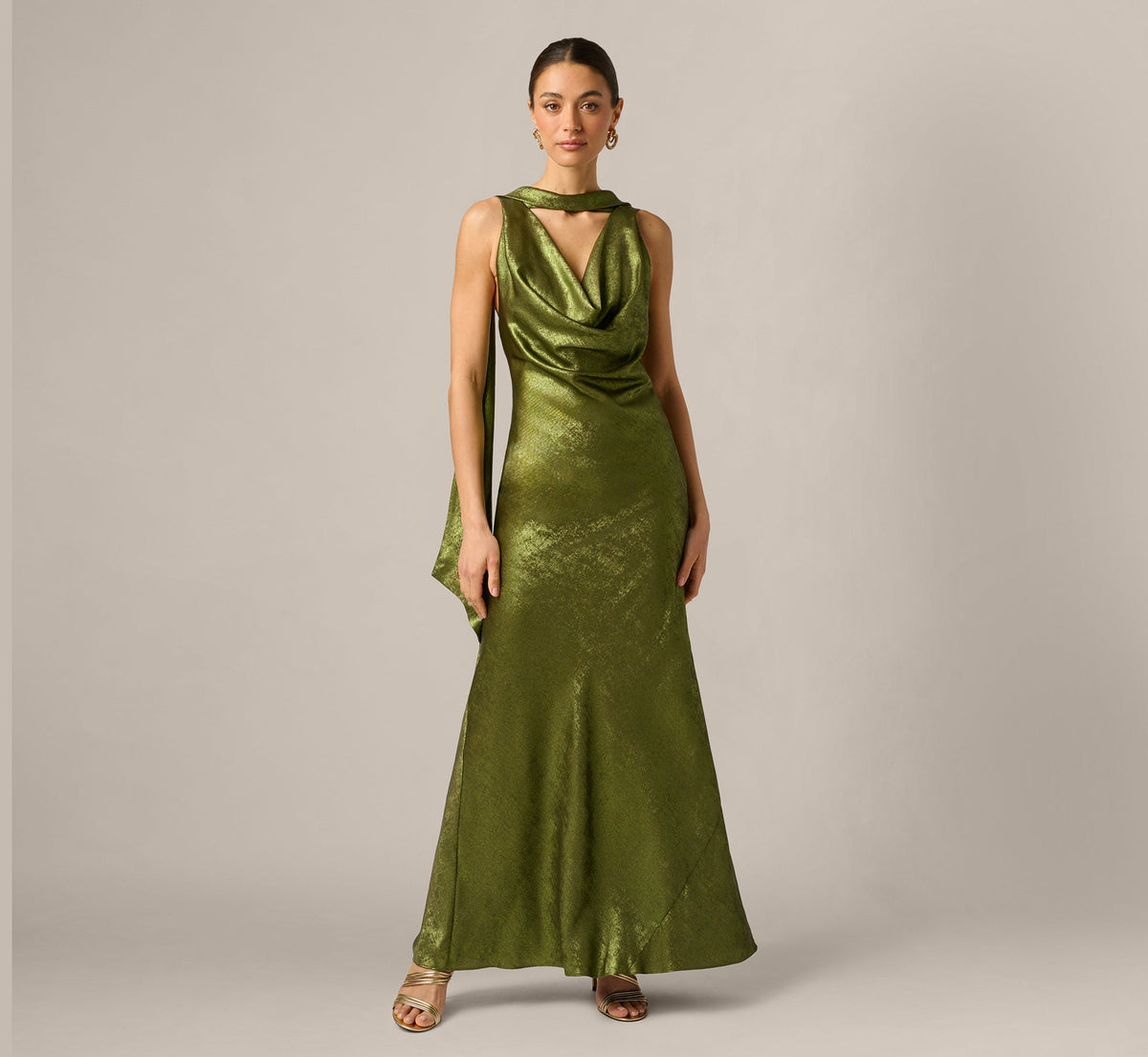 Foil Chiffon Cowled Scarf Halter Gown - Dark Olive | Adrianna Papell