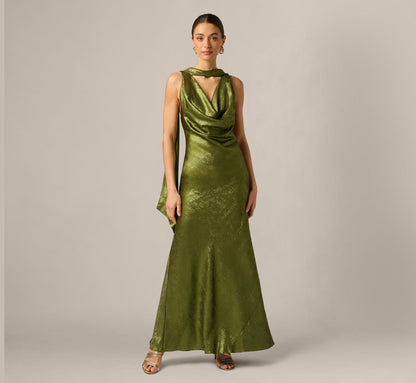 Foil Chiffon Cowled Scarf Halter Gown - Dark Olive | Adrianna Papell
