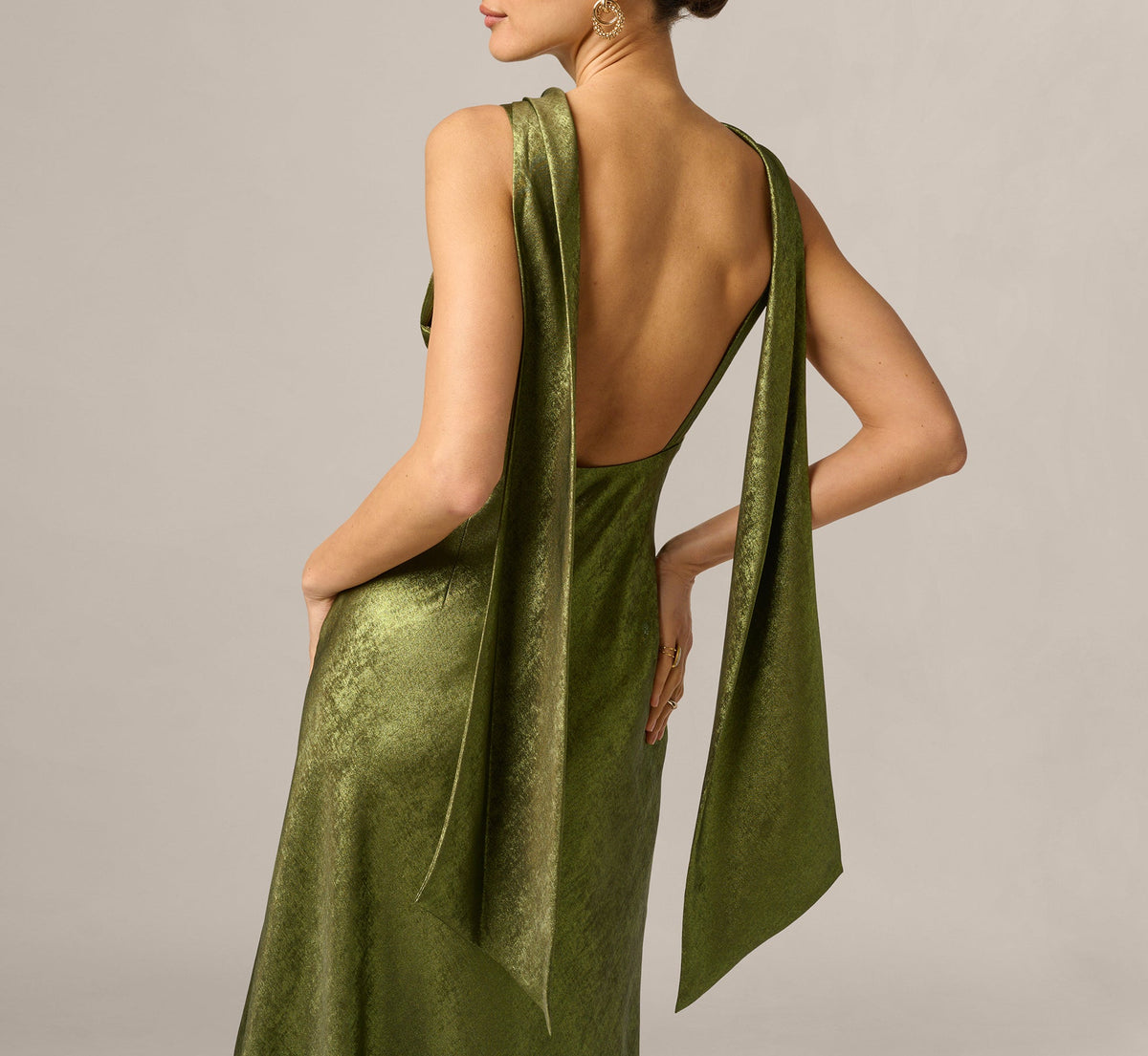 Foil Chiffon Cowled Scarf Halter Gown - Dark Olive | Adrianna Papell
